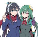  2girls athena_(p&amp;d) black_hair blue_eyes blush breasts green_hair hair_ornament hairband headphones hyouzou_(xghsnx) isis_(p&amp;d) long_hair looking_at_viewer multiple_girls purple_gloves puzzle_&amp;_dragons red_eyes scarf school_uniform simple_background smile v white_background 