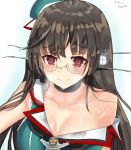  1girl artist_name black_hair blush breasts broken_glasses choker choukai_(kantai_collection) cleavage collarbone crack dated hair_ornament hat hat_ribbon kantai_collection long_hair mini_hat ranieln red_eyes remodel_(kantai_collection) ribbon solo wet 