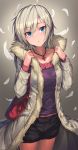  1girl anastasia_(idolmaster) blue_eyes blush coat fur_trim geeto_gaadian highres idolmaster idolmaster_cinderella_girls jewelry long_sleeves looking_at_viewer necklace open_clothes open_coat open_mouth short_hair shorts silver_hair solo 
