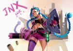  1girl artist_name belt blue_hair braid bullet dated fishnet_legwear fishnets jinx_(league_of_legends) league_of_legends lolik long_hair midriff navel pink_eyes single_thighhigh smile solo thigh-highs twin_braids 