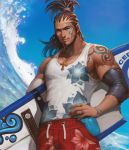  1boy alternate_costume artist_request beard blue_eyes bracelet card_(medium) cedric_(chaos_online) chaos_heroes_online character_name cornrows cowboy_shot cross cross_necklace earrings facial_hair facial_tattoo hand_on_hip highres jewelry lens_flare looking_at_viewer male_focus muscle official_art outdoors parted_lips ring sky solo surfboard tank_top tattoo water waves 