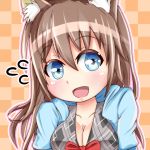  1girl animal_ears blue_eyes blush breasts brown_hair checkered checkered_background cleavage flying_sweatdrops igakusei long_hair open_mouth smile solo 