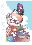  3girls anchor bird box braid brown_eyes brown_hair cardboard_box cover cover_page desk envelope eyepatch failure_penguin female_admiral_(kantai_collection) folded_ponytail hat inazuma_(kantai_collection) ink kantai_collection long_hair looking_up mecha_musume miss_cloud multiple_girls penguin pepekekeko purple_hair short_hair sword tears tenryuu_(kantai_collection) translation_request watabe_koharu wavy_mouth weapon 