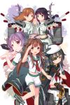  5girls ahoge ammunition_belt bangs black_eyes black_hair blunt_bangs braid brown_eyes brown_gloves brown_hair cape cnm crop_top eyepatch gloves green_eyes green_hair hat holding_hands kantai_collection kiso_(kantai_collection) kitakami_(kantai_collection) kuma_(kantai_collection) long_hair long_sleeves machinery midriff multiple_girls neckerchief ooi_(kantai_collection) paw_pose pleated_skirt purple_hair red_eyes remodel_(kantai_collection) sailor_collar sailor_hat salute school_uniform serafuku short_hair shorts single_braid skirt tama_(kantai_collection) torpedo white_skirt 