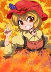  1girl aki_minoriko apron blonde_hair blush_stickers choker food fruit grapes harusame_(unmei_no_ikasumi) hat leaf long_sleeves maple_leaf mob_cap puffy_sleeves red_eyes ribbon_choker shirt short_hair smile solo teeth touhou v wide_sleeves yellow_background 