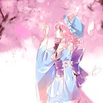  1girl blue_dress blush bow butterfly cherry_blossoms dress frills hat japanese_clothes long_sleeves mob_cap nr_(cmnrr) obi petals pink_hair profile red_eyes ribbon saigyouji_yuyuko sash short_hair simple_background smile solo touhou tree triangular_headpiece white_background wide_sleeves 