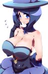  1girl arm_behind_back bare_shoulders blue_eyes blue_hair breasts cleavage flying_sweatdrops gloves hat huge_breasts lesoir_(pokemon) nervous pokemon pokemon_(game) pokemon_xy short_hair solo tokyo_(great_akuta) 