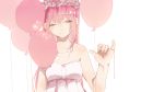  1girl balloon bare_shoulders closed_eyes commentary danjou_sora dress flower head_wreath just_be_friends_(vocaloid) megurine_luka pink_hair pinky_out red_string rose simple_background solo strapless_dress string string_around_finger vocaloid white_background white_dress white_rose 