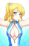  1girl ayase_eli bare_shoulders blonde_hair blue_eyes blush breasts front_zipper_swimsuit gradient gradient_background highres kenken looking_at_viewer love_live!_school_idol_project one-piece_swimsuit ponytail short_hair smile solo swimsuit zipper 