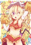  1girl arm_up armpits bare_shoulders blonde_hair breasts cheerleader elbow_gloves fang flandre_scarlet gloves highres kan_lee midriff navel one_eye_closed open_mouth pom_poms red_eyes skirt skirt_set sleeveless sleeveless_shirt solo touhou under_boob white_gloves wings 