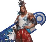  1boy alternate_costume artist_request beard blue_eyes bracelet cedric_(chaos_online) chaos_heroes_online character_name cornrows cowboy_shot cross cross_necklace earrings facial_hair facial_tattoo hand_on_hip highres jewelry looking_at_viewer male_focus muscle official_art parted_lips ring simple_background solo surfboard tank_top tattoo transparent_background 