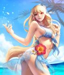  1girl ass bikini blonde_hair blue_eyes bracelet breasts chaos_heroes_online clouds fingernails flower jewelry lens_flare long_fingernails long_hair looking_at_viewer looking_back love_cacao official_art palm_tree parted_lips sarong see-through silk_(chaos_online) sky solo swimsuit tree water 