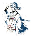  1boy blue_eyes fujimaru_(inumog) japanese_clothes male_focus mikazuki_munechika monochrome one_eye_closed overexposure petals smile touken_ranbu white_background 