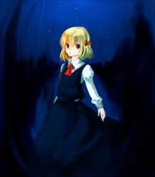  1girl black_skirt blonde_hair darkness hair_ribbon iroha_mgn red_eyes ribbon rumia shirt short_hair skirt touhou vest 