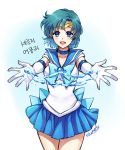  1girl :d aqua_hair bishoujo_senshi_sailor_moon blue_bow blue_eyes blue_hair blue_skirt choker circlet cowboy_shot elbow_gloves gloves korean miniskirt mizuno_ami open_mouth outstretched_arms pleated_skirt sailor_mercury shainea short_hair signature skirt smile solo water white_gloves 