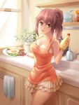  1girl apron bare_shoulders breasts brown_eyes brown_hair chocofox collarbone food frilled_skirt frills highres long_hair looking_at_viewer mayonnaise miniskirt open_mouth original ponytail short_hair skirt solo tako-san_wiener window 