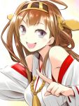  1girl :d brown_hair detached_sleeves double_bun hairband kantai_collection kongou_(kantai_collection) long_hair nontraditional_miko open_mouth pointing primary_stage smile solo violet_eyes 