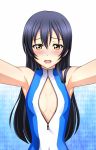  1girl bare_shoulders blue_hair blush front_zipper_swimsuit gradient gradient_background highres kenken long_hair love_live!_school_idol_project one-piece_swimsuit open_mouth small_breasts solo sonoda_umi swimsuit toujou_nozomi yellow_eyes zipper 