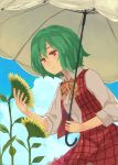 1girl flower green_hair kazami_yuuka peroncho plaid plaid_vest red_eyes short_hair smile sunflower touhou umbrella 