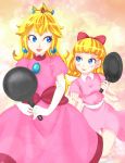  2girls blonde_hair blue_eyes bow company_connection crossover crown dress earrings elbow_gloves freckles frying_pan gloves hair_bow jewelry lips lipstick long_hair looking_at_another mother_(game) mother_2 multiple_girls nintendo paula_polestar pink_dress princess_peach puffy_sleeves super_mario_bros. trait_connection weapon white_gloves 