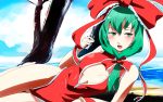  1girl blue_sky blush bow breasts cleavage clouds front_ponytail front_zipper_swimsuit green_eyes green_hair hair_bow highleg highleg_swimsuit kagiyama_hina large_breasts long_hair looking_at_viewer lying on_side one-piece_swimsuit open_mouth red_swimsuit sinzan sky solo swimsuit touhou tree unzipped 