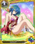  1girl bikini blue_hair breasts character_name green_hair high_school_dxd japanese_clothes kimono knight_(chess) large_breasts long_legs multicolored_hair off_shoulder official_art shiny shiny_skin short_hair side-tie_bikini solo swimsuit torn_clothes trading_cards two-tone_hair white_legwear xenovia_(high_school_dxd) yellow_eyes 