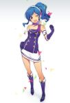  1girl aikatsu! bare_shoulders blue_eyes blue_hair full_body gloves hair_ribbon headphones kiriya_aoi long_hair looking_at_viewer one_eye_closed open_mouth pochi_(pochi-goya) ribbon scarf side_ponytail smile solo 