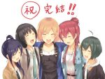  5girls black_hair blonde_hair closed_eyes hair_bun imai_midori long_hair mijinko_(rioriorio) miyamori_aoi multiple_girls necktie overalls redhead sakaki_shizuka shirobako short_hair toudou_misa yasuhara_ema 