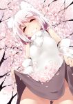  1girl animal_ears blush breasts cherry_blossoms closed_eyes detached_sleeves facing_viewer grin inubashiri_momiji no_hat no_panties petals pom_pom_(clothes) short_hair skirt skirt_basket skirt_lift smile solo standing tera_zip touhou tree white_hair wolf_ears 