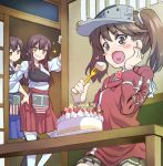  &gt;:) :o akagi_(kantai_collection) bangs black_legwear blush_stickers brown_eyes brown_hair cake drooling eating envy eyelashes food food_on_face from_below fruit hakama_skirt hand_on_another&#039;s_shoulder hand_on_hip hand_on_own_cheek happy_birthday heart holding_fork indoors japanese_clothes kaga_(kantai_collection) kantai_collection kariginu long_hair long_sleeves magatama miniskirt muneate no_pupils open_mouth pleated_skirt ryuujou_(kantai_collection) side_ponytail sitting skirt smile sparkle standing strawberry sweatdrop swept_bangs table thigh-highs twintails uousa visor_cap white_legwear 