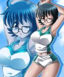  1girl ;o arms_up black-framed_glasses black_hair breasts glasses highres hoimin_(anchangdeath) hunter_x_hunter large_breasts navel one_eye_closed open_mouth shizuku_(hunter_x_hunter) short_hair shorts solo spider sportswear tank_top tattoo taut_clothes track_uniform violet_eyes water wet zoom_layer 