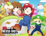  1girl 4boys ;d black_eyes blonde_hair bowser_jr. bracelet brown_hair clenched_hands clouds doubutsu_no_mori elbow_gloves eyebrows gloves goggles hat horns jewelry kirby kirby_(series) koopa_clown_car lakitu link long_hair luigi luigi_(cosplay) mario mario_(cosplay) monster_boy mother_(game) mother_2 multiple_boys mushroom myuu1995 ness nintendo one_eye_closed open_mouth overalls parody payot pointy_ears princess_peach princess_peach_(cosplay) puffy_sleeves raised_fist redhead short_hair smile solid_oval_eyes super_mario_bros. super_mushroom super_smash_bros. the_legend_of_zelda toon_link villager_(doubutsu_no_mori) white_gloves wind_waker 