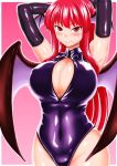  1girl armpits arms_behind_head arms_up blush breasts cleavage demon_girl demon_wings dress elbow_gloves female front_zipper_swimsuit gloves head_wings highleg highleg_swimsuit koakuma large_breasts long_hair looking_at_viewer one-piece_swimsuit poronegi pose purple_gloves purple_swimsuit red_dress red_eyes redhead shiny smile solo swimsuit touhou unzipped very_long_hair wings zipper 