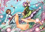  2girls barefoot biwa_lute bloomers blue_sky brown_eyes brown_hair chain danmaku dress feet flower flying foreshortening green_dress hair_flower hair_ornament hairband instrument long_hair long_sleeves low_twintails lute_(instrument) multiple_girls musical_note one_eye_closed perspective playing_instrument purple_hair shirt short_hair siblings sisters sky smile toes touhou tsukumo_benben tsukumo_yatsuhashi twintails umigarasu_(kitsune1963) underwear upskirt very_long_hair violet_eyes white_dress 