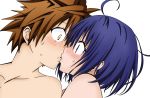  1boy 1girl blue_eyes blue_hair blush brown_eyes brown_hair kiss sairenji_haruna short_hair to_love-ru to_love-ru_darkness yabuki_kentarou yuuki_rito 