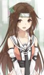  1girl :d aemu_(august_life) bare_shoulders brown_hair collarbone elbow_gloves forehead_protector gloves headband jintsuu_(kantai_collection) kantai_collection long_hair looking_at_viewer neckerchief open_mouth payot remodel_(kantai_collection) sailor_collar smile solo upper_body white_gloves 