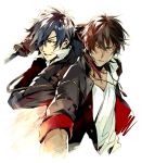  2boys back-to-back black_hair brown_hair dark_skin eyepatch fujimaru_(inumog) looking_at_another male_focus multiple_boys ookurikara shokudaikiri_mitsutada smile touken_ranbu yellow_eyes 