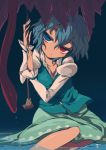  1girl blue_eyes blue_hair commentary_request harusame_(unmei_no_ikasumi) heterochromia karakasa_obake long_sleeves looking_at_viewer partially_submerged puffy_sleeves red_eyes shirt short_hair simple_background sitting skirt solo tatara_kogasa tongue tongue_out touhou umbrella vest water 