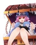  1girl arano_oki breasts chain hat in_container japanese_clothes large_breasts looking_at_viewer mimic_chest open_mouth pink_hair red_eyes saigyouji_yuyuko sharp_teeth short_hair simple_background smile solo touhou treasure_chest triangular_headpiece white_background 