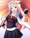  1girl :d blonde_hair blush breasts bridal_gauntlets fang hair_ornament hair_ribbon hairclip kantai_collection long_hair mokyu9nine open_mouth oriental_umbrella red_eyes ribbon scarf school_uniform serafuku skirt smile umbrella yuudachi_(kantai_collection) 