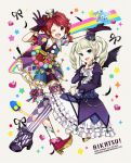  2girls :d ;d aikatsu! bear blonde_hair blue_eyes buzz chain demon_wings dress drill_hair earrings feathers gloves hat ichinose_kaede jewelry looking_at_viewer mini_top_hat multiple_girls ojou-sama_pose one_eye_closed open_mouth pantyhose red_eyes redhead short_hair smile thigh-highs top_hat toudou_yurika twin_drills wings 