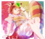  1girl animal_ears bloomers brown_eyes brown_hair futatsuiwa_mamizou glasses impossible_clothes impossible_shirt leaf leaf_on_head onyuuuu pince-nez raccoon_ears raccoon_tail smile tail touhou underwear 