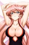  1girl absurdres armpits arms_up artist_request blue_eyes breasts casual_one-piece_swimsuit cleavage highres large_breasts long_hair maria_cadenzavuna_eve one-piece_swimsuit pink_hair senki_zesshou_symphogear swimsuit upper_body 