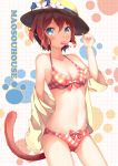  1girl bikini blue_eyes blush bow bow_bikini breasts clothes_down copyright_request cowboy_shot flower hat hat_flower hat_ribbon jacket liu_guniang mouth_hold navel open_clothes open_jacket paw_print plaid plaid_bikini popsicle redhead ribbon short_hair solo straw_hat swimsuit tail text yellow_jacket 