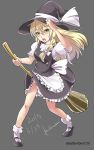  1girl 2015 artist_name badbamboo blonde_hair braid broom dated grey_background hat highres kirisame_marisa long_hair open_mouth simple_background single_braid solo touhou twitter_username witch_hat yellow_eyes 