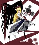  1girl black_wings blonde_hair darkness ex-rumia foreshortening gutchon halo long_hair rumia shirt skirt smile sword touhou vest weapon wings 
