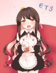  1girl :d alternate_costume bare_shoulders black_hair blush cleavage_cutout cosplay dream_c_club drinking_glass drunk enmaided fang jamu_(arpakassosan) kantai_collection looking_at_viewer maid multicolored_hair naganami_(kantai_collection) open_mouth sitting smile solo wavy_hair 