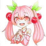  1girl alternate_color bare_shoulders cherry detached_sleeves food fruit hair_ornament hatsune_miku long_hair marker_(medium) open_mouth pink_eyes pink_hair sakura_miku solo traditional_media twintails vocaloid 