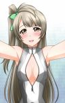  1girl bare_shoulders blush breasts brown_eyes brown_hair front_zipper_swimsuit gradient gradient_background highres kenken long_hair looking_at_viewer love_live!_school_idol_project minami_kotori one-piece_swimsuit side_ponytail smile solo swimsuit zipper 