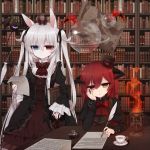  2girls alice_claudia animal_ears bookshelf commentary_request hat heterochromia horns long_hair mini_top_hat multiple_girls original red_eyes redhead revision top_hat tsukikage_nemu white_hair 